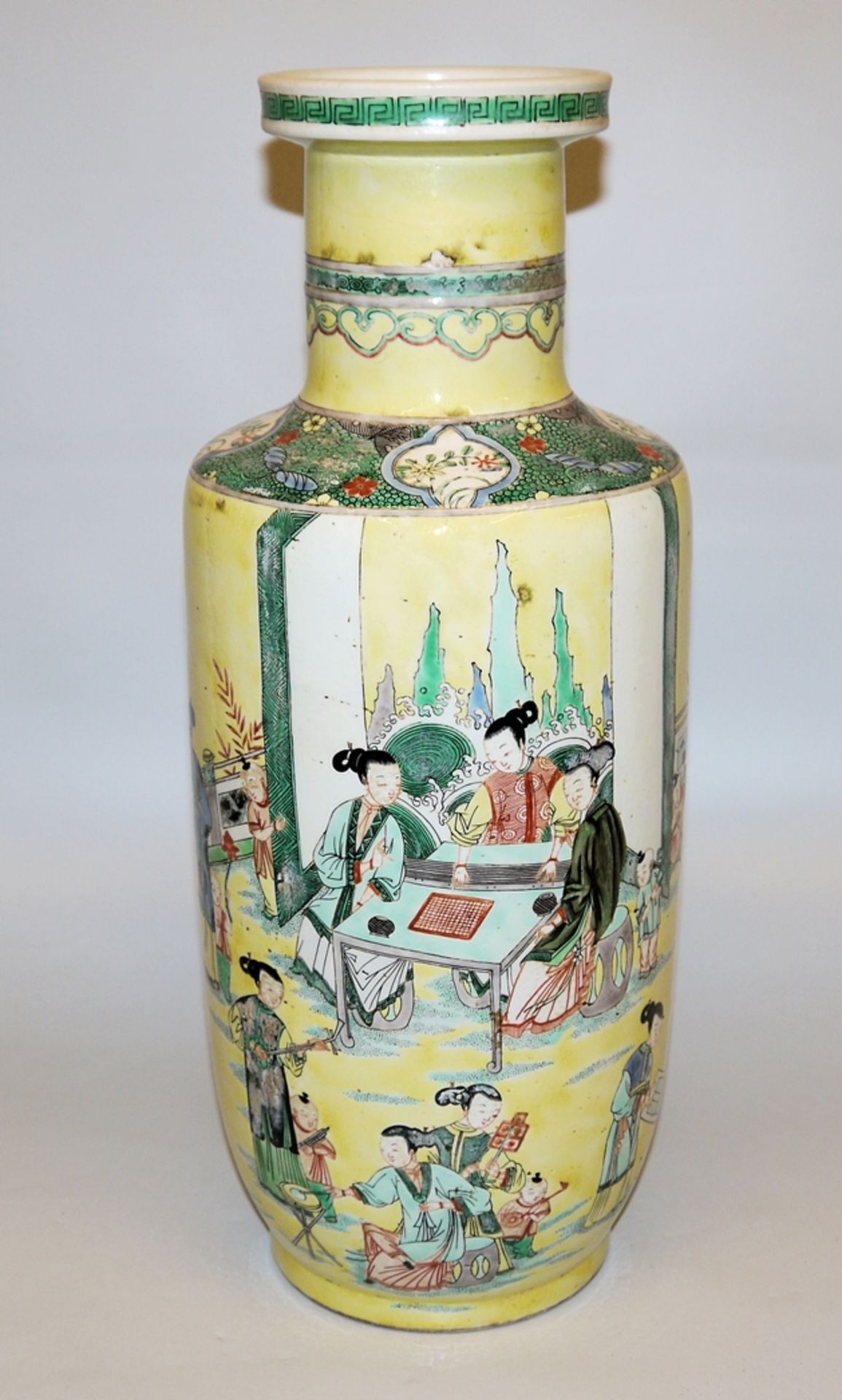 Large rouleau vase with family scenes in famille jaune, late Qing period, China c. 1900