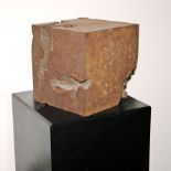 Thomas Röthel, Broken cube, steel sculpture with rust patina, plus 3 different catalogues "Thomas R