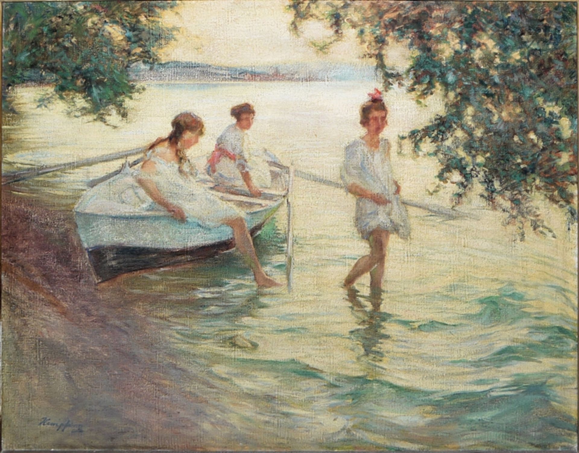 Wilhelm Hempfing, "Ferientage", 3 junge Frauen an einem See-Ufer, Ölgemälde der 1920er Jahre, im Or