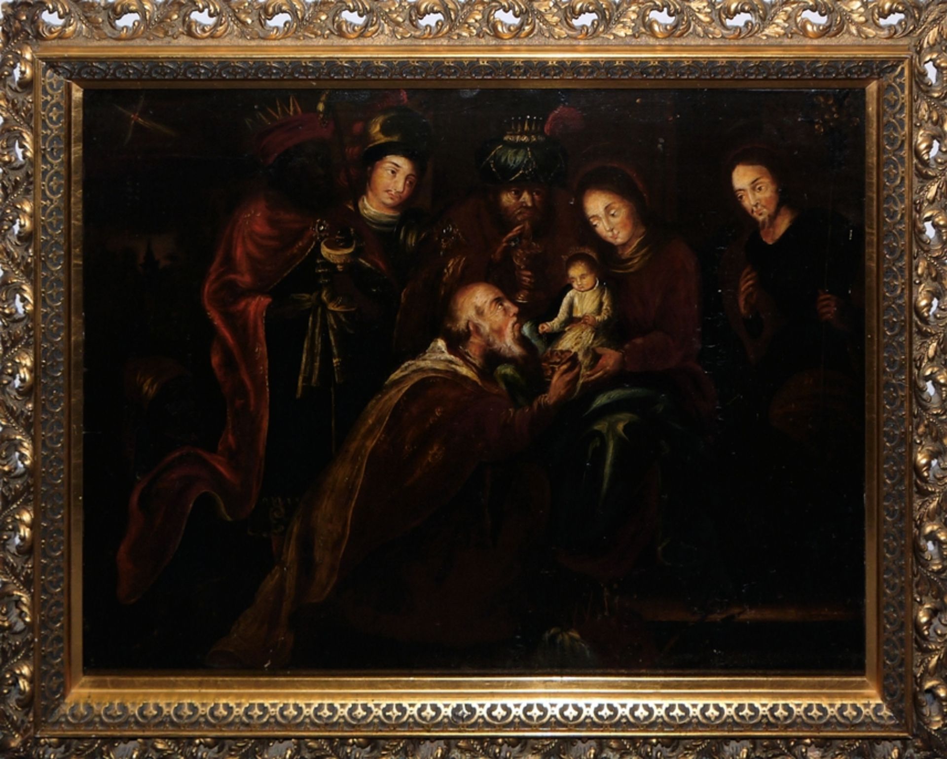 Anonymous, Adoration of the Magi, oil painting in a magnificent stucco frame