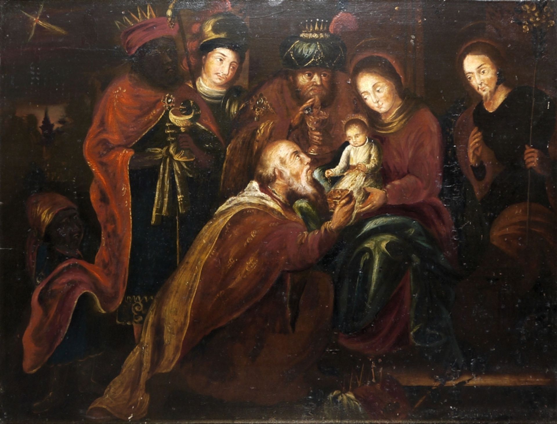 Anonymous, Adoration of the Magi, oil painting in a magnificent stucco frame - Image 2 of 3