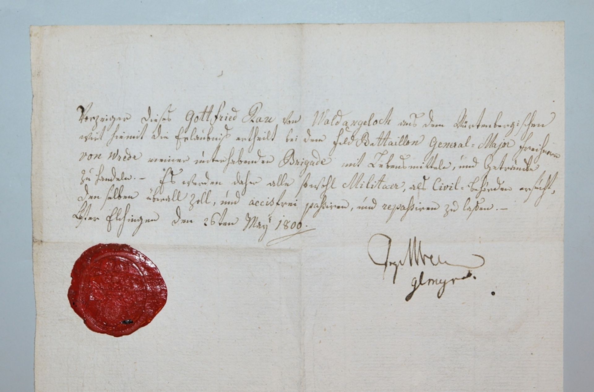 Passing licence, autograph of Prince von Wrede, 1800, with shellac seal