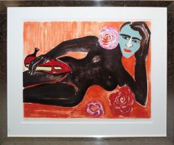 Elvira Bach, "Selbst mit Maske", signierte Farblithographie von 2000, galeriegerahmt