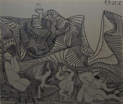 Pablo Picasso, nach, "Bacchanale mit Liebespaar und Eule", Linolschnitt-Faksimile, Louis Leiris Gal