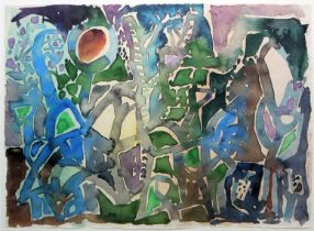 Eduard Bargheer, "Gartenlandschaft", Aquarell von 1958, im Rahmen des 19. Jhs