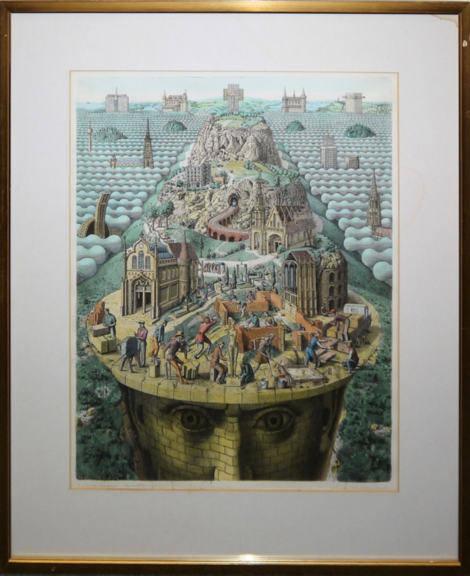 Franz Bayer, "Der Baumeister", large, hand watercoloured etching from 1969, signed, framed