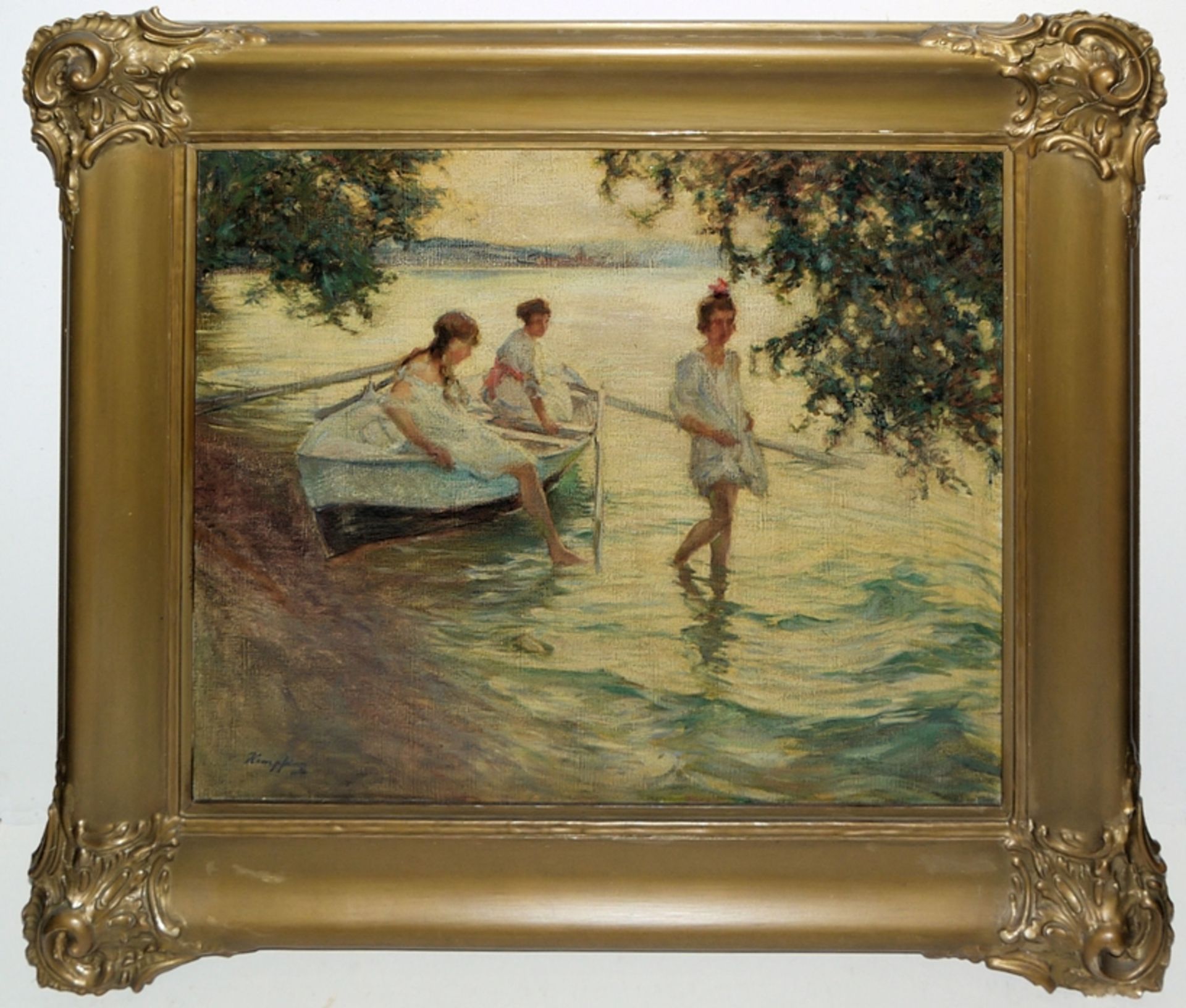 Wilhelm Hempfing, "Ferientage", 3 junge Frauen an einem See-Ufer, Ölgemälde der 1920er Jahre, im Or - Bild 2 aus 5