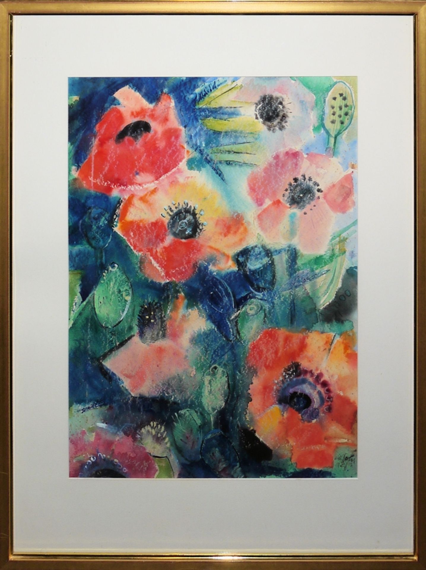 Will Sohl, flower still life, signed gouache from 1960, gallery-framed