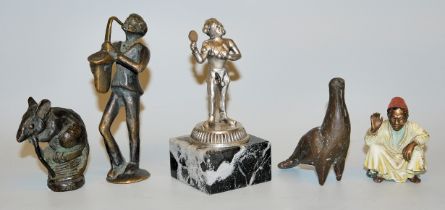 Five small silver and bronze sculptures, including Viennese bronze