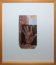 Walter Dahn, Hand, Mischtechnik auf Briefumschlag, 1990, galeriegerahmt