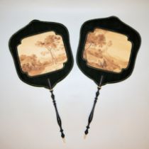 Pair of Biedermeier hand fans or light blinds with grisaille painting