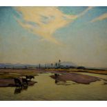 Wilhelm Hempfing, Weite Landschaft mit Rindern an einem Gewässer, großes Ölgemälde von 1927, gerahm
