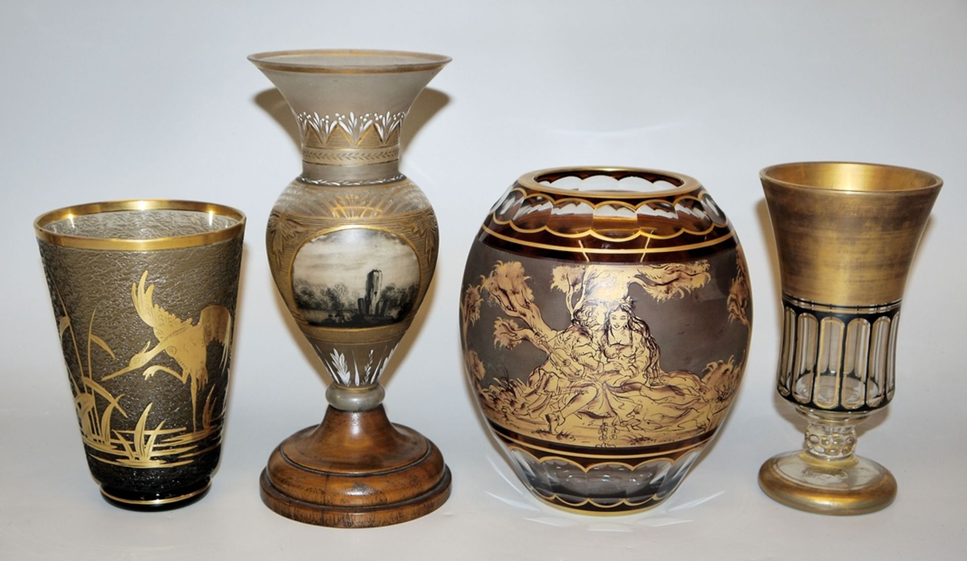 Three glass vases and goblets, Johann Oertel & Co, Haida, Steinschönau, Füger & Taube and inter ali