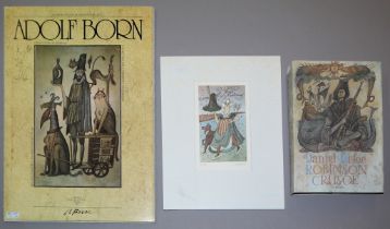 Adolf Born, kleine Sammlung: Farbradierung sign., Original-Zeichnung "Komischer Vogel" in Robinson