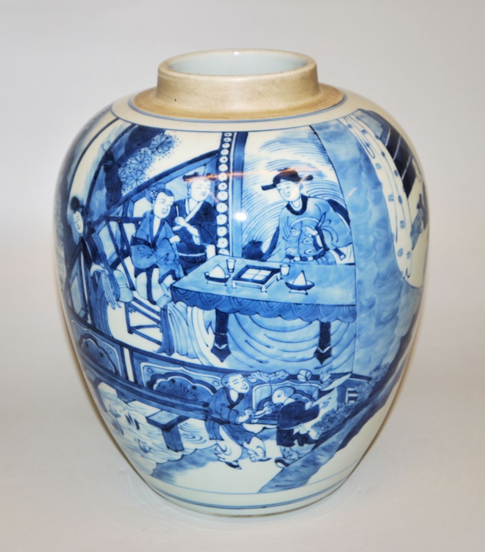 Large blue and white pot with auspicious scenery, Republic period, China c. 1900