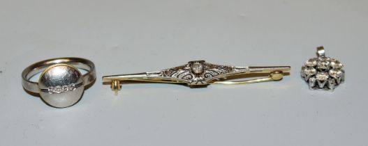 Art Déco-Stabbrosche mit Diamant, Brillant-Anhänger und Brillantring, Gold