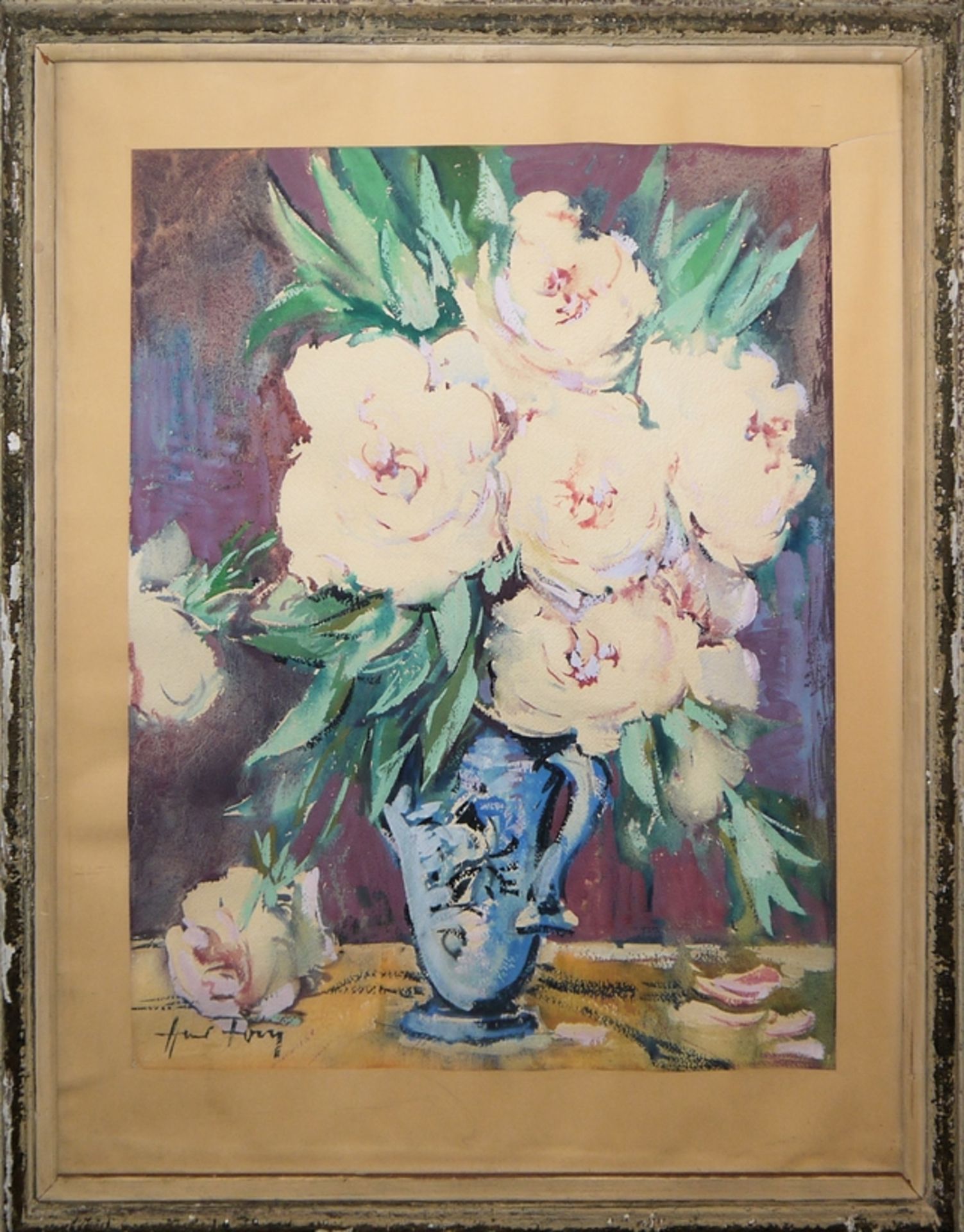 Hanns Fay, Peonies, large watercolour, framed