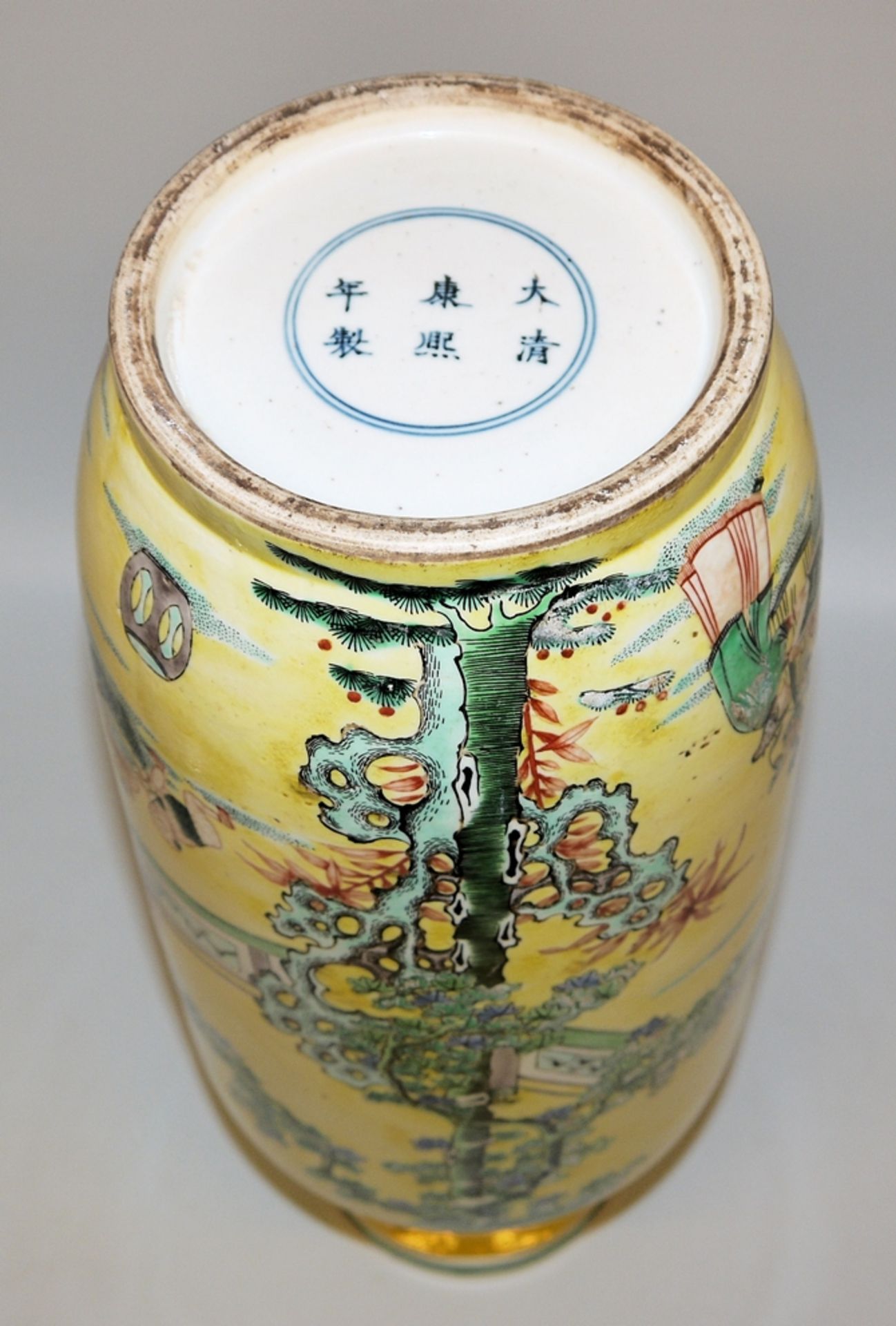 Large rouleau vase with family scenes in famille jaune, late Qing period, China c. 1900 - Image 3 of 3