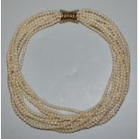 Pearl necklace, multi-strand, gold