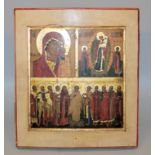 Ikone mit Muttergottes Kasanskaja, Hl. Paraskewa, Hl. Matrona und 12 Aposteln, Russland, 19. Jh.