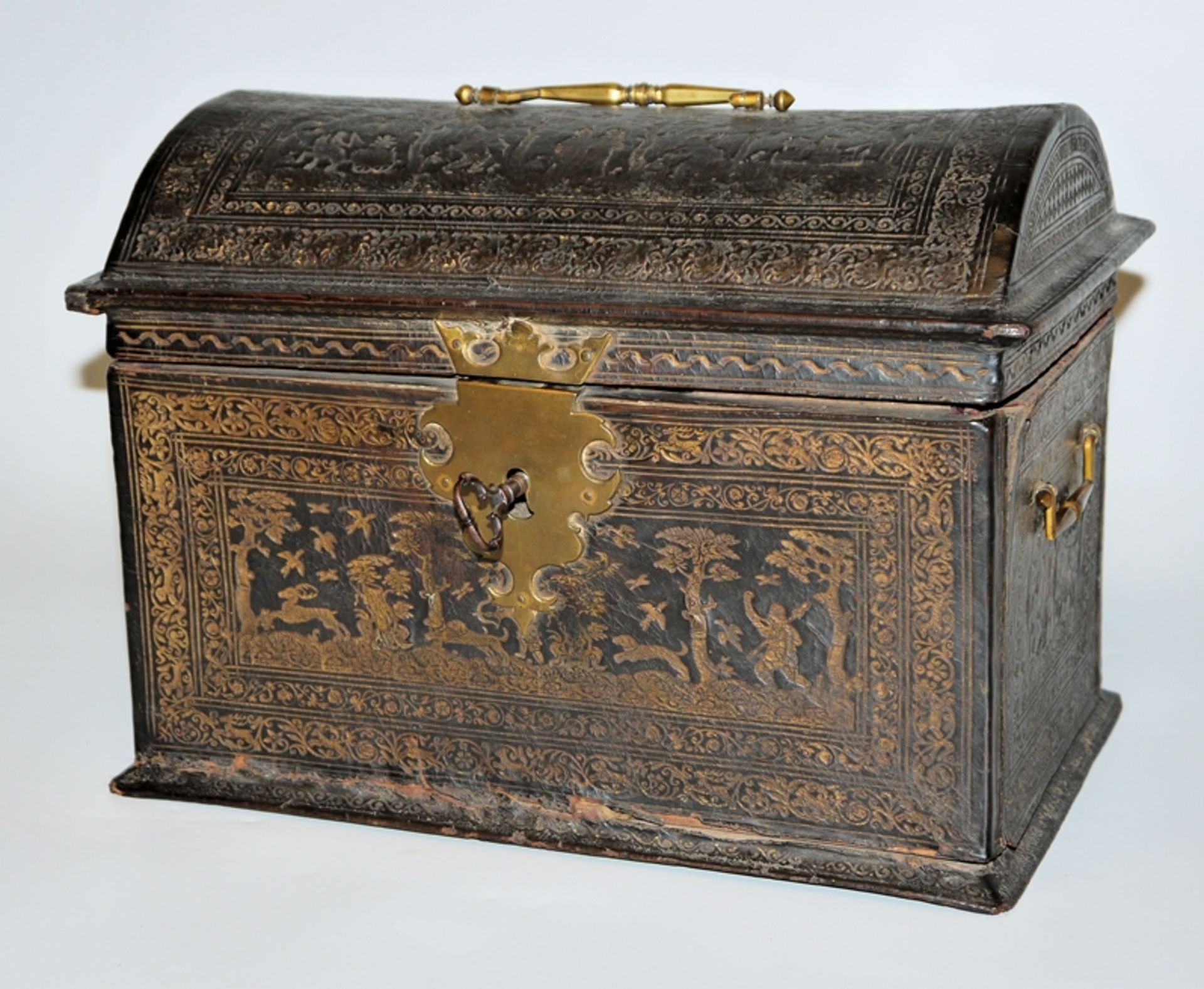 A Flemish leather casket with hunting scenes, probably Antwerp, c. 1600