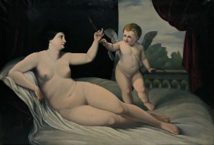 Guido Reni Kopist um 1800/20, Venus & Amor, repräsentatives Ölgemälde im Goldstuckrahmen
