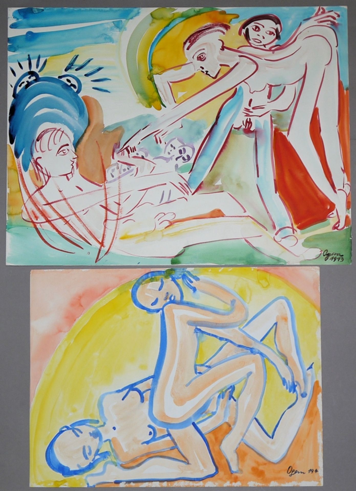 Getrud Ogem, Erotische Szenen, 4 signierte Aquarelle der 1970er Jahre