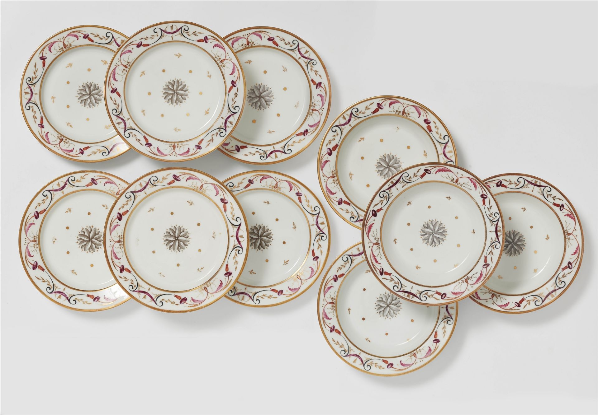 Four dishes and six plates from a Parisian porcelain dinner service