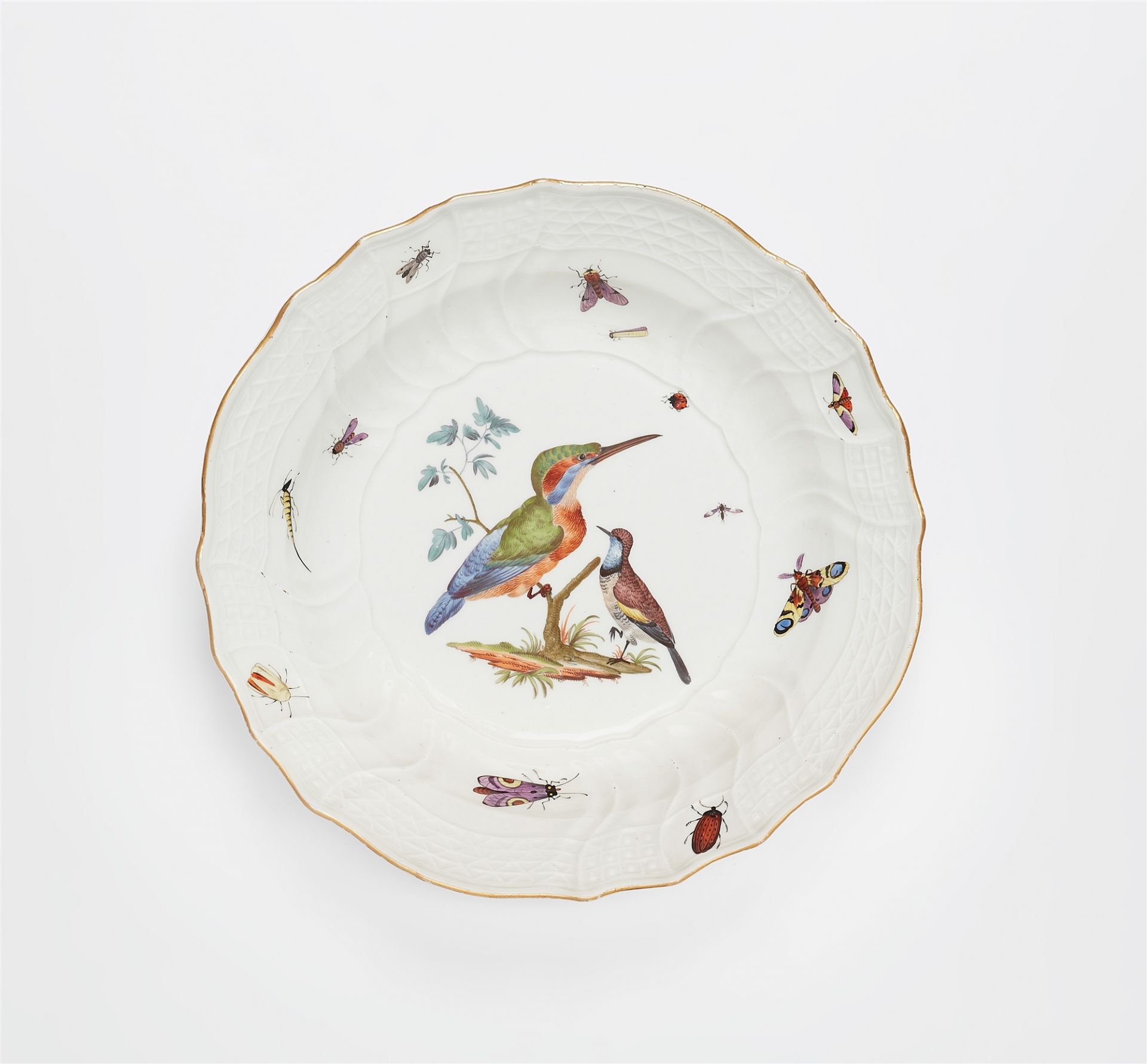 A round Meissen porcelain plate from a dinner service with Continental birds made for King Frederick