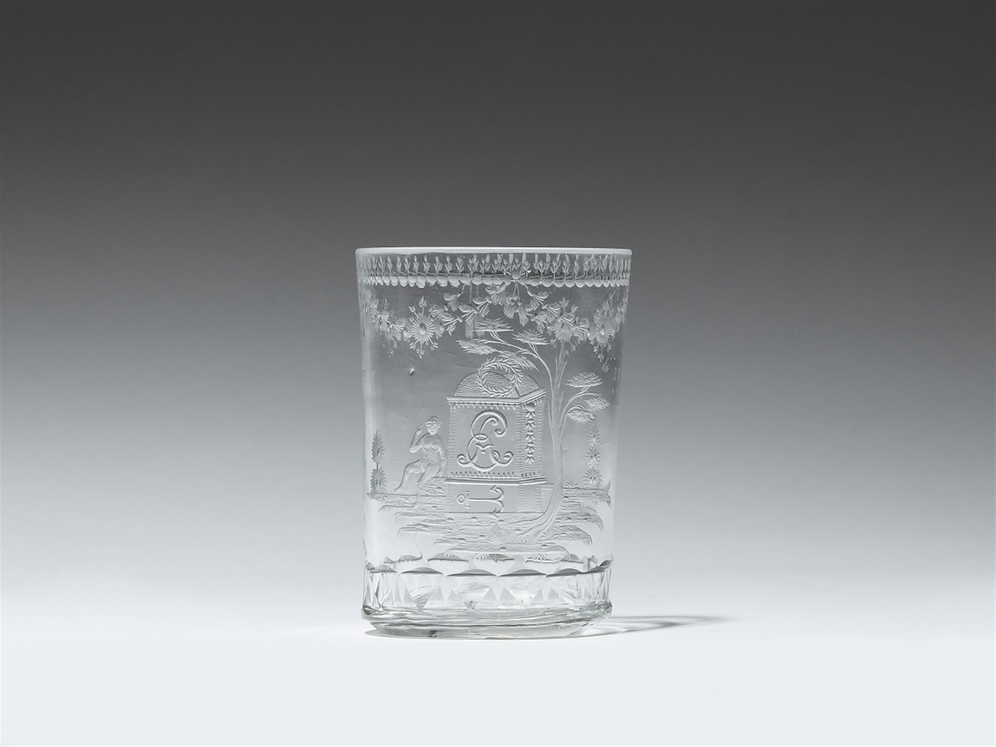 A Neoclassical cut and wheel engraved commemorative glass beaker with the initials “EA”