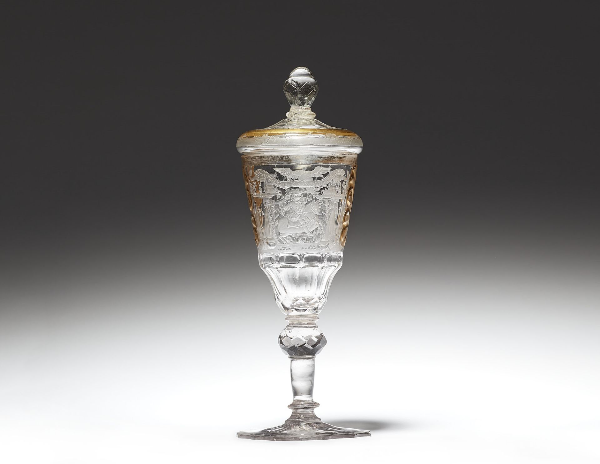 A rare cut glass goblet and cover with a portrait and the arms of Friedrich II