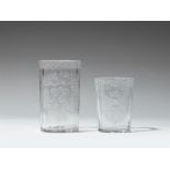 Two Bohemian cut and wheel engraved glass beakers