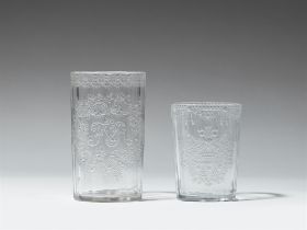 Two Bohemian cut and wheel engraved glass beakers