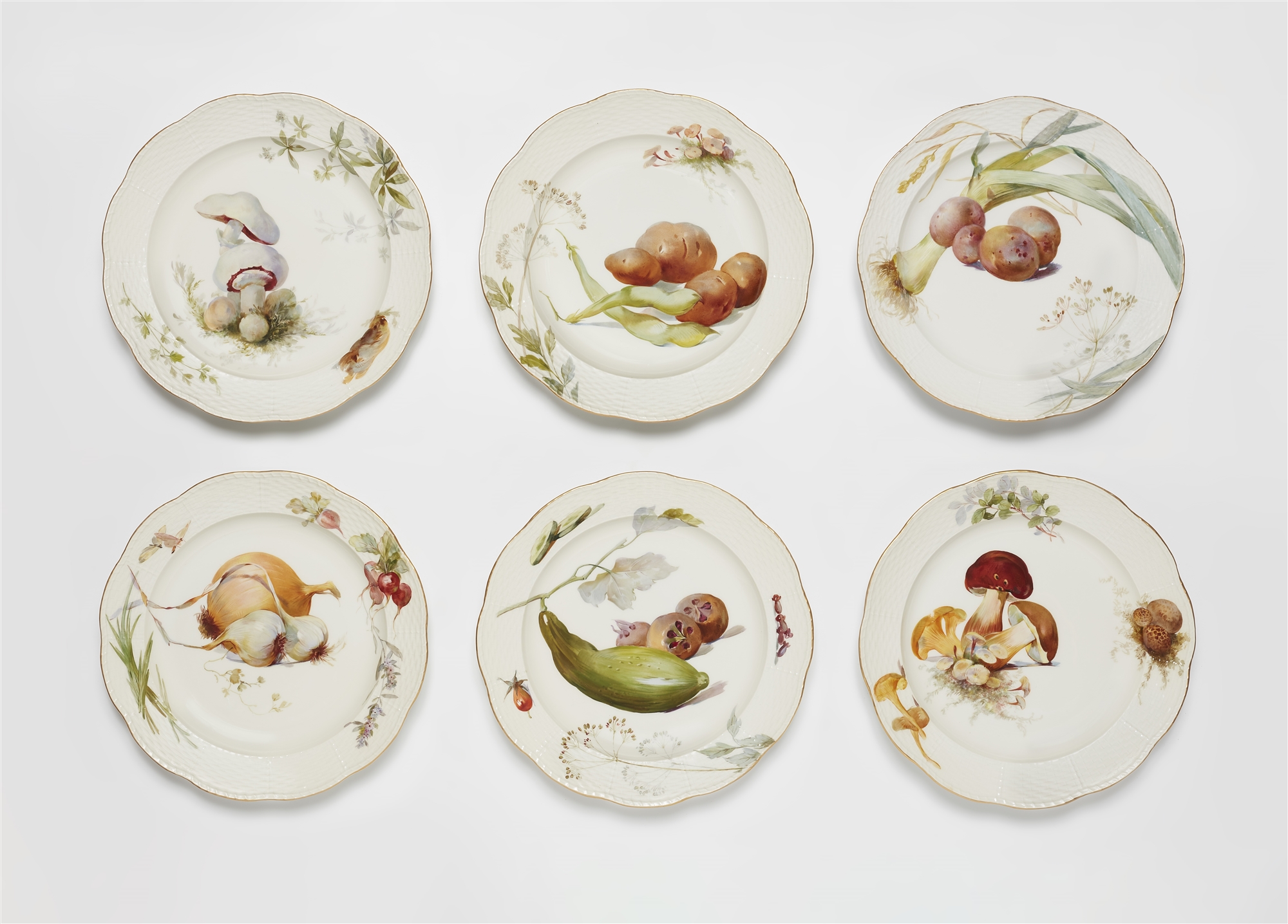 Six Berlin KPM porcelain plates from a dinner service with vegetable motifs in "weichmalerei"