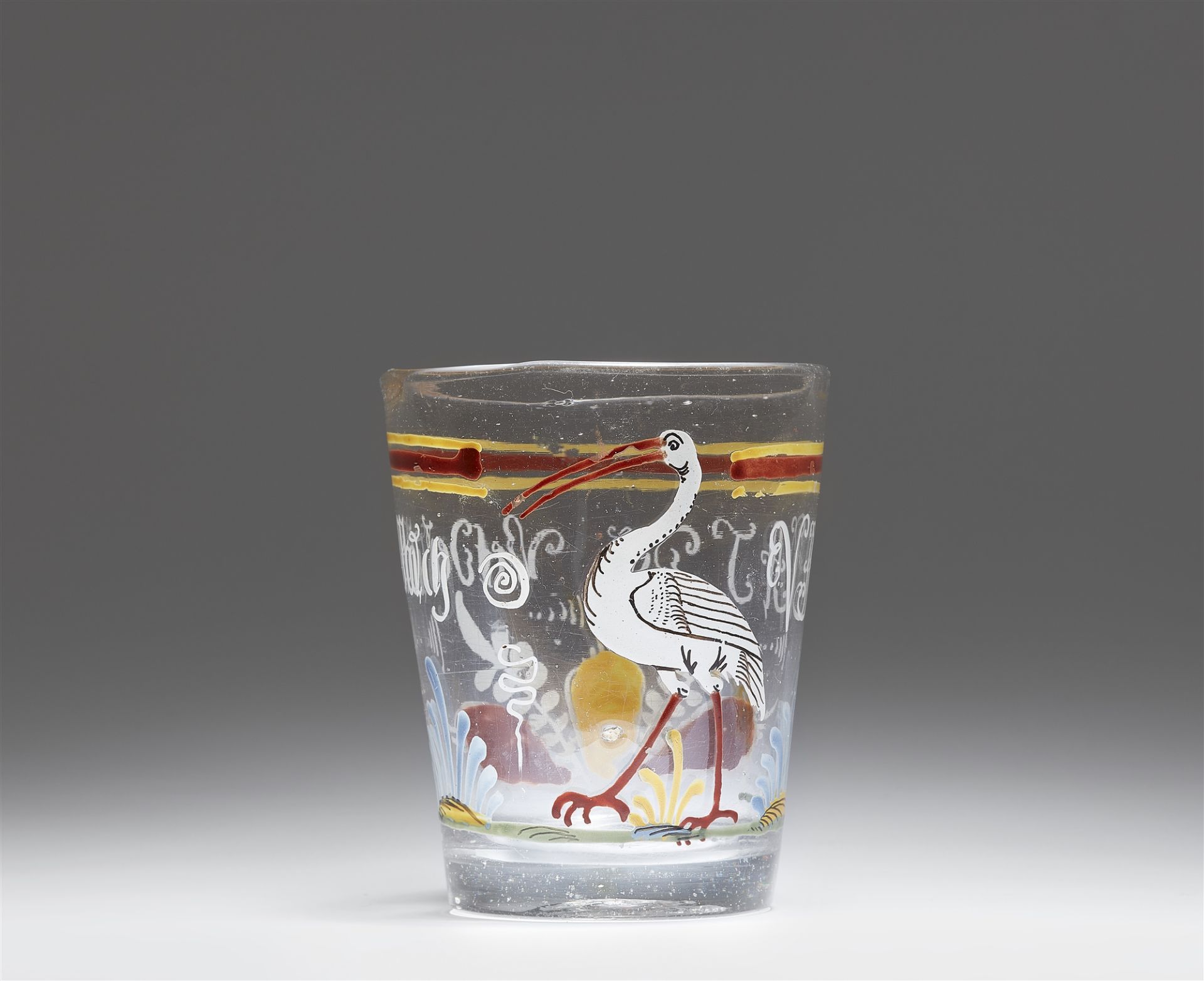 An enamelled cut glass beaker inscribed "VIVAT Der Velder Storch"