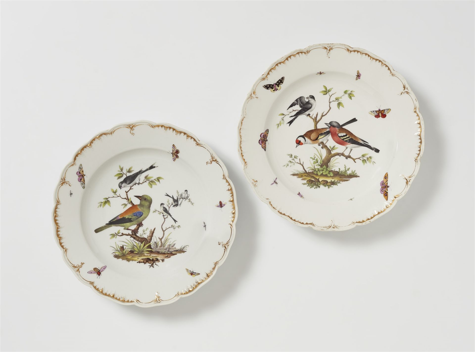 Paar Speiseteller aus einem Tafelservice mit heimischen Vögeln