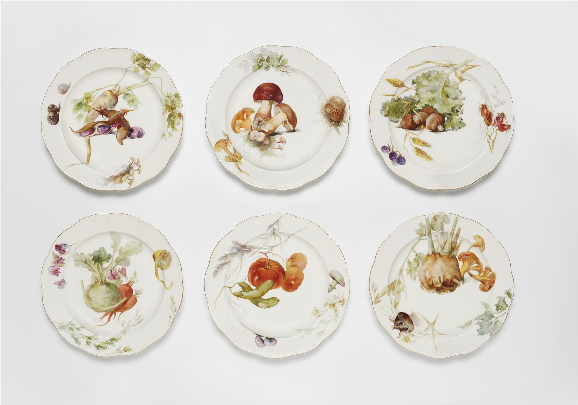 Six Berlin KPM porcelain plates from a dinner service with vegetable motifs in "weichmalerei"