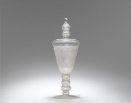 A Potsdam Glassworks cut glass goblet dedicated to Crown Prince Friedrich Wilhelm and cover