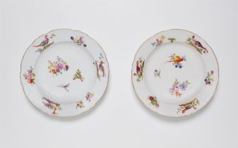 Paar Speiseteller aus dem Tafelservice für König Friedrich II. mit indianischen Vögeln, Blumen und F