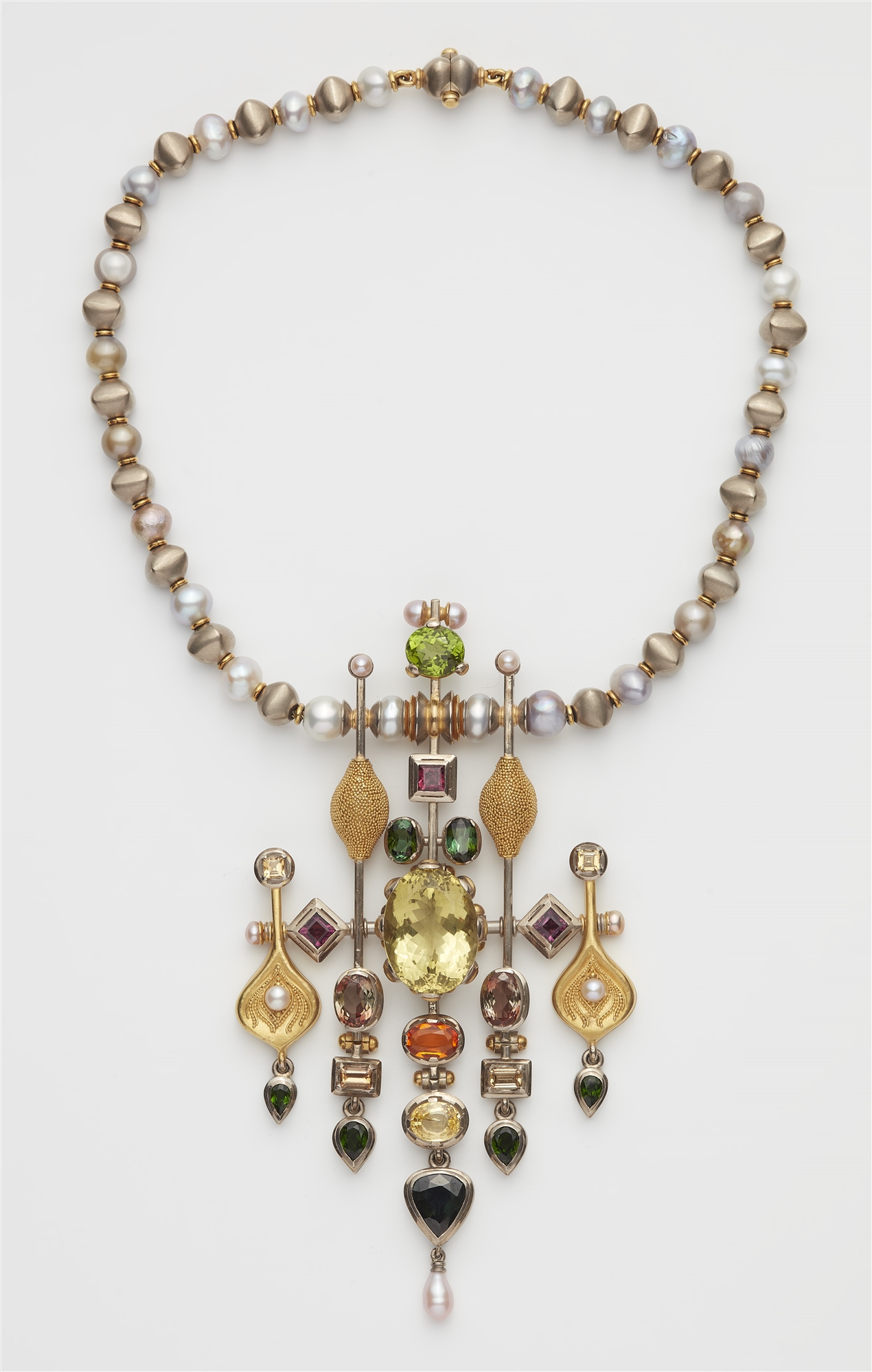 A German one of a kind coloured Biwa pearl necklace with a splendid large 18k gold pearl and coloure