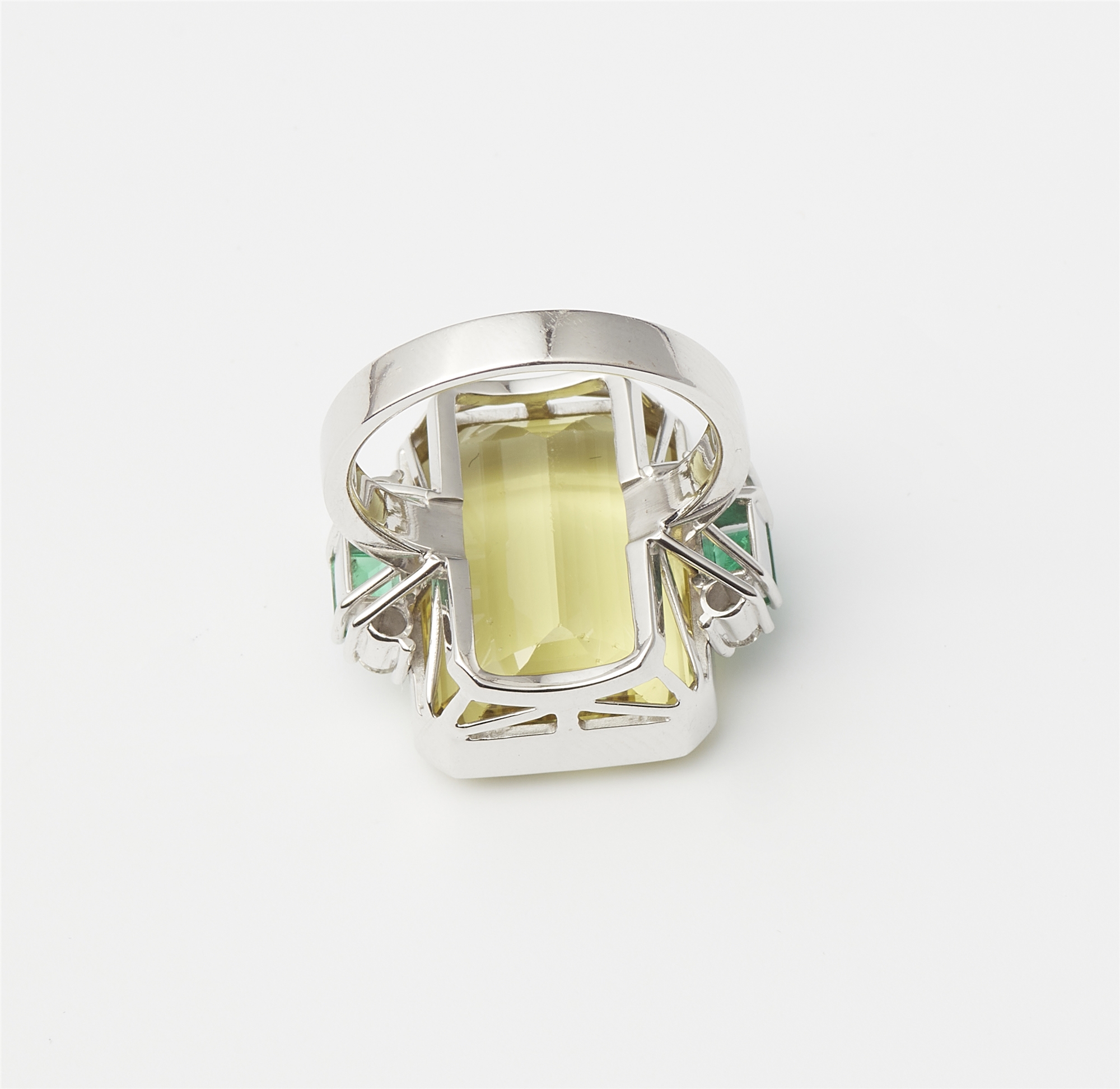 An 18k white gold diamond emerald and natural heliodor (lemon green beryl) ring. - Image 2 of 3