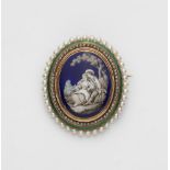 A French Napoléon III 18 kt gold enamel diamond and pearl brooch with a Watteau scene.