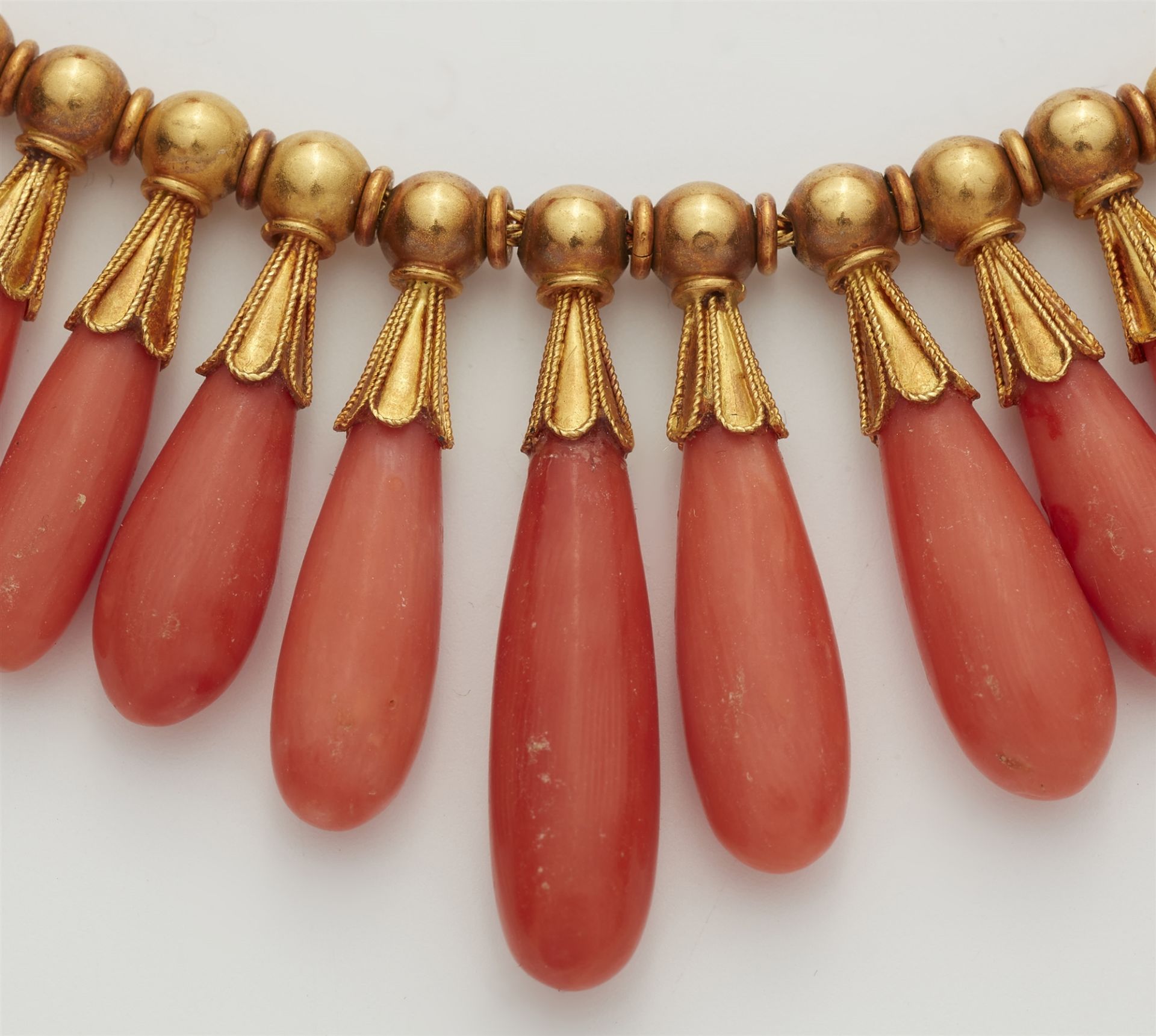 An 18k gold and Sciacca coral Etruscan Revival demi-parure. - Image 3 of 4