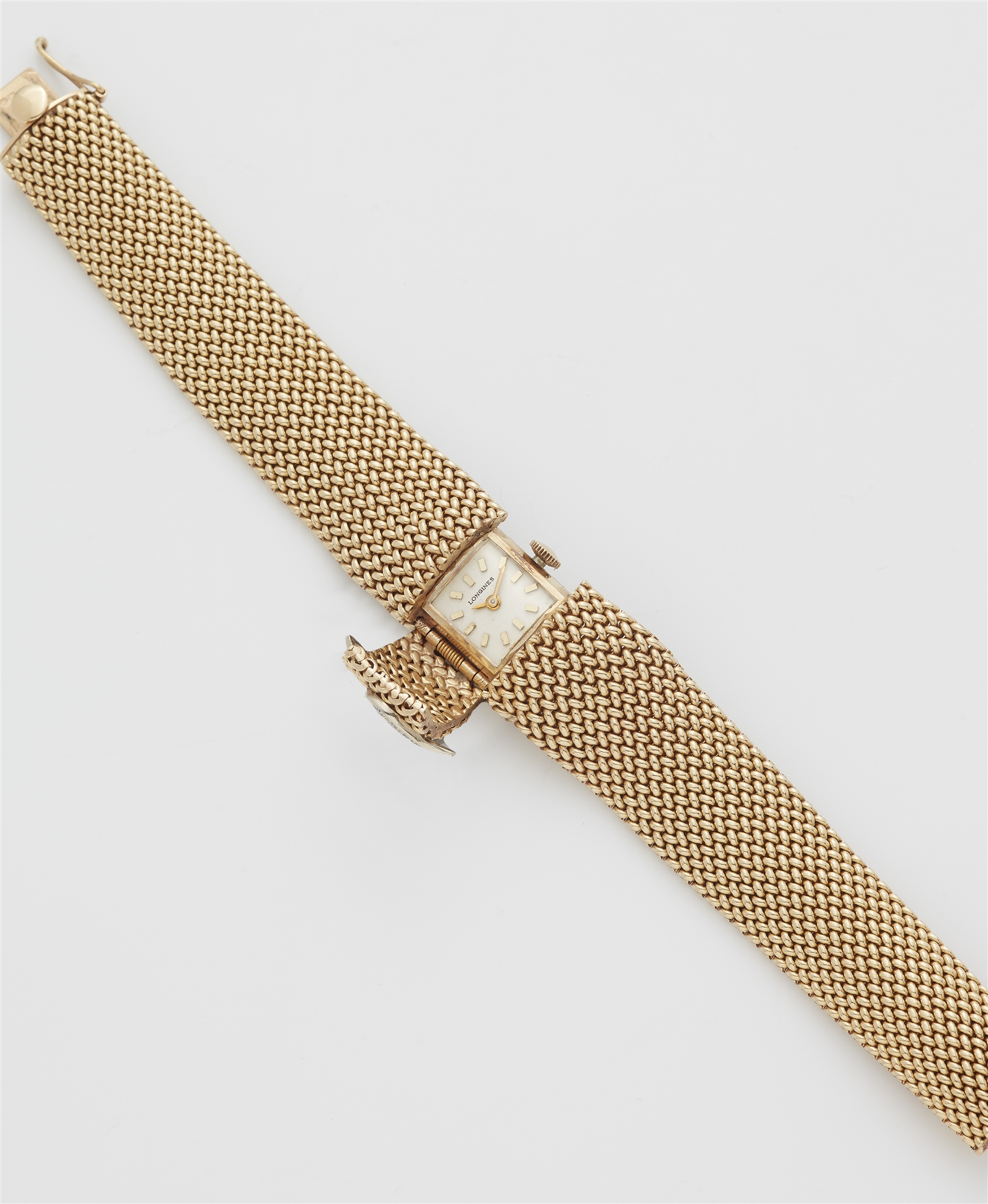 A 14k gold mesh and diamond bracelet with concealed Longines ladies watch. - Image 2 of 3