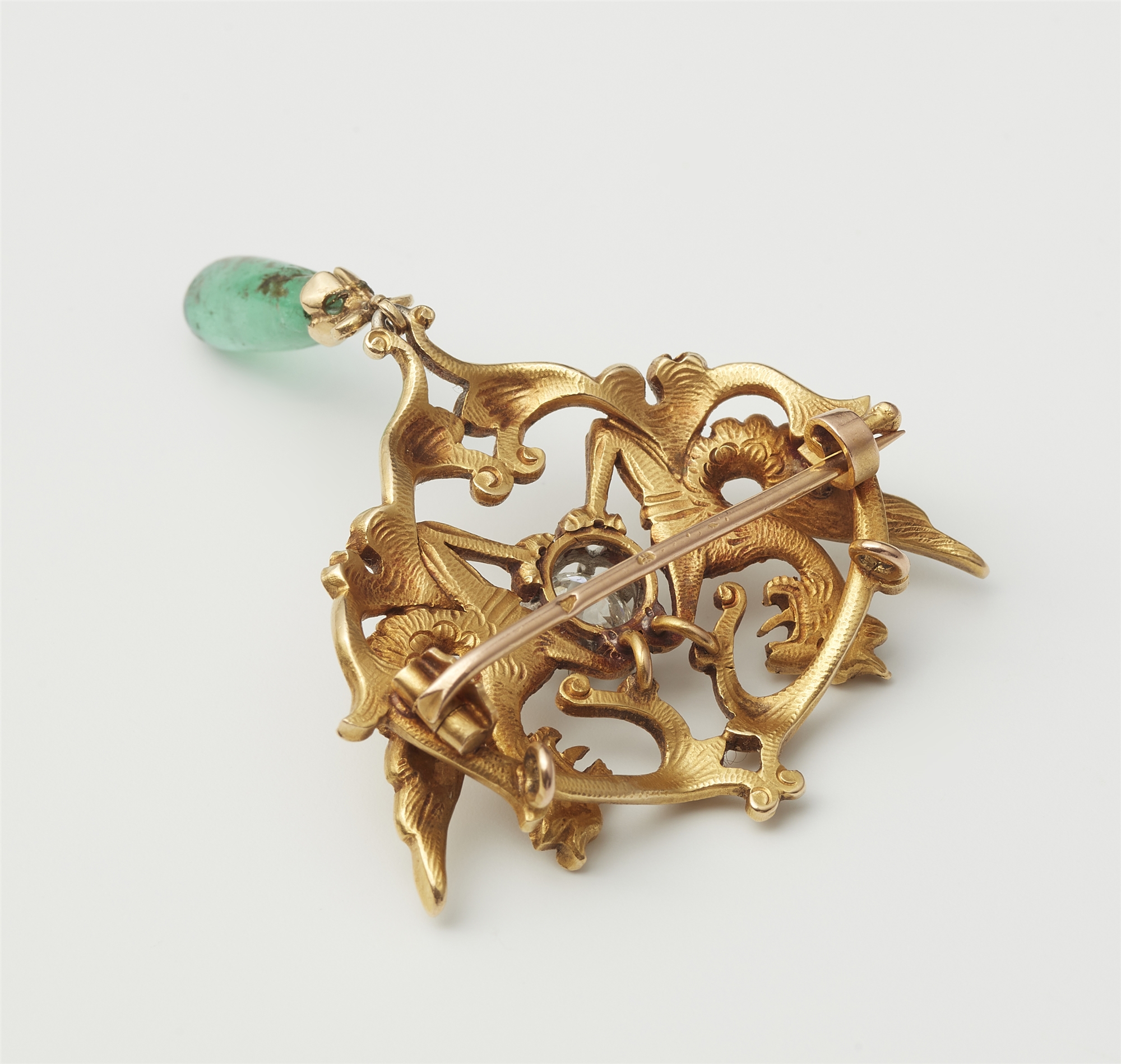 A French Art Nouveau 18k gold diamond griffon pendant brooch. - Image 2 of 2