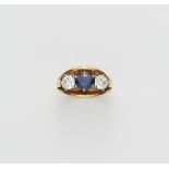 A German18 kt yellow gold diamond and sapphire three stone ring.