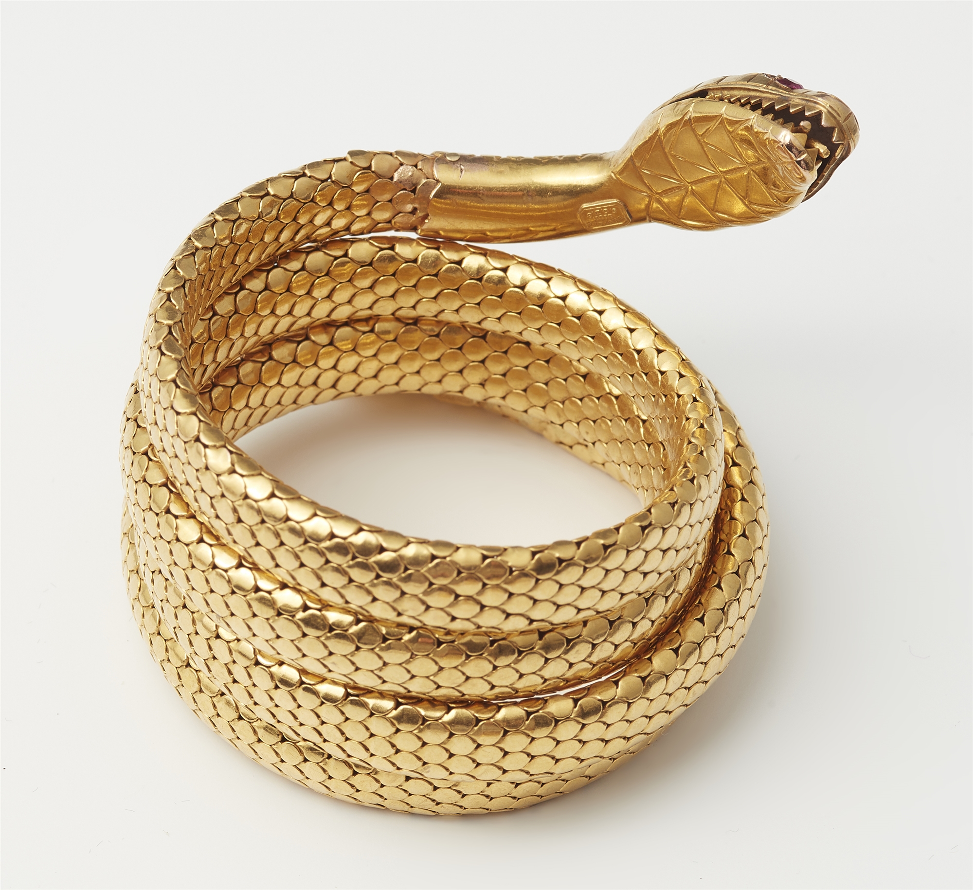 A French Art Nouveau 18k gold synthetic ruby and diamond tubogaz snake bangle. - Image 3 of 3