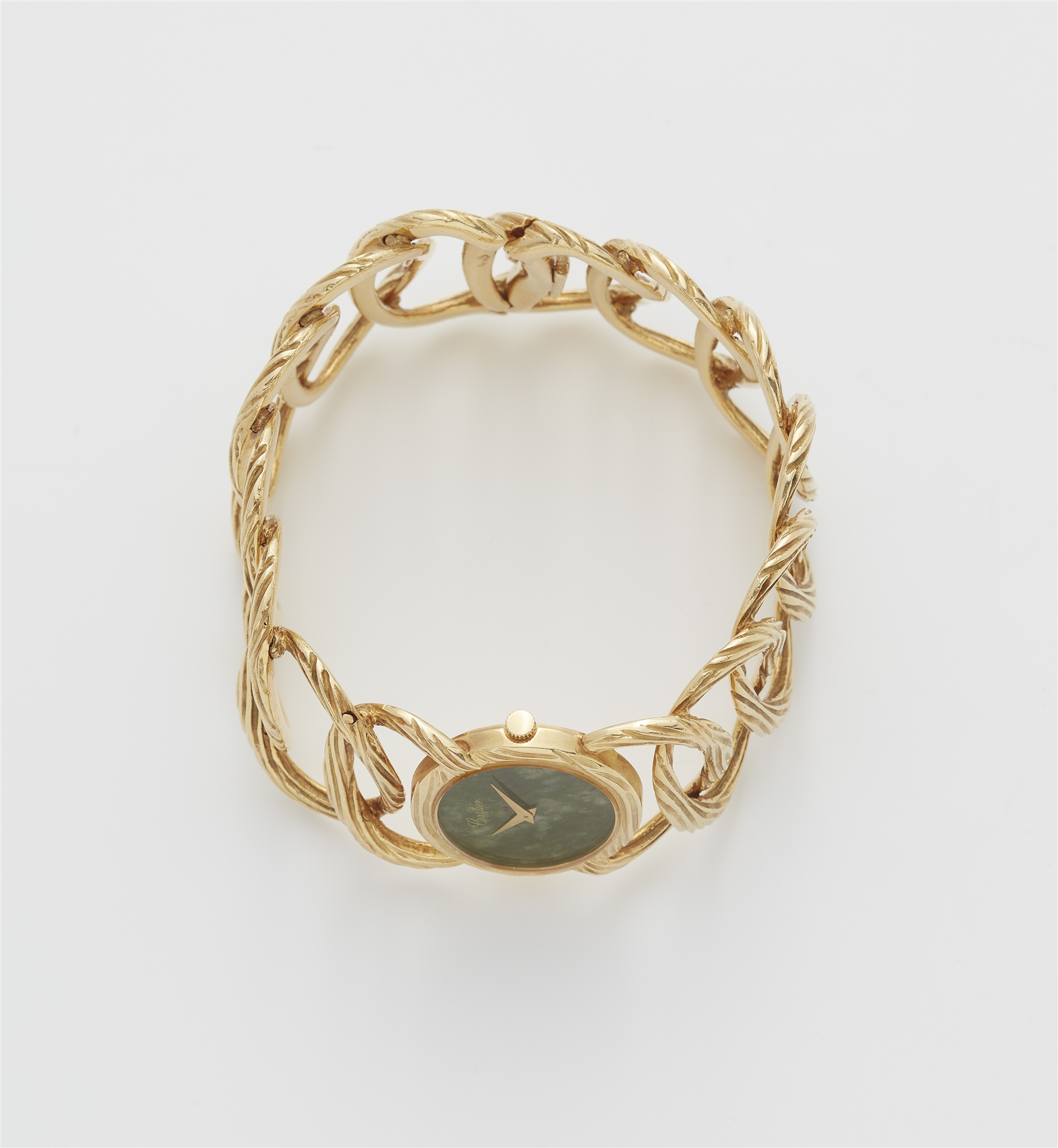 An 18k yellow gold and mottled green nephrite jade ladies' Piaget cuff wristwatch retailed by Cartie - Image 3 of 4