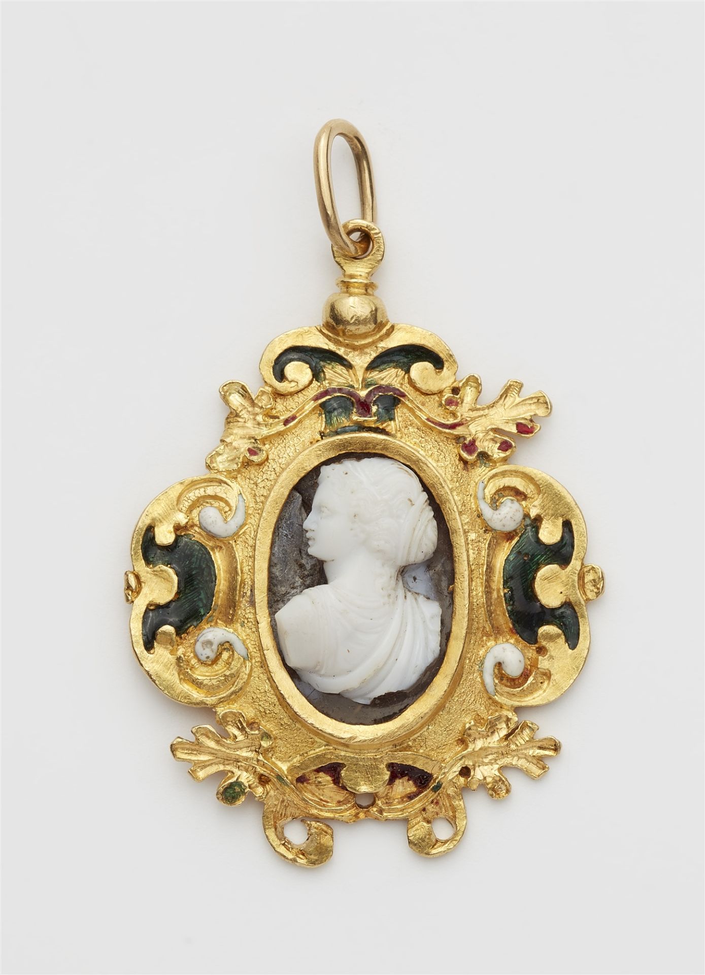 An 18k gold and enamel cartouche frame pendant with a probably Italian , Renaissance layered chalced