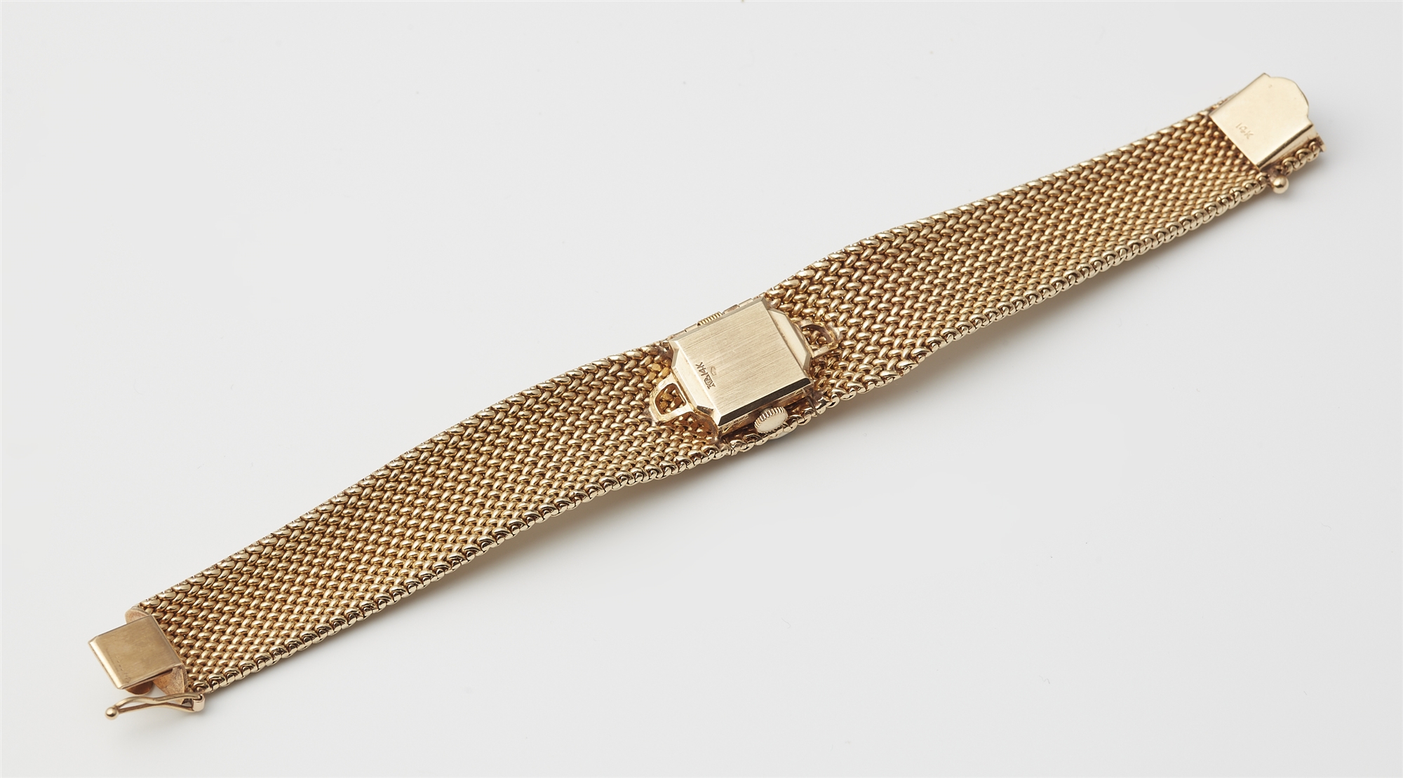 A 14k gold mesh and diamond bracelet with concealed Longines ladies watch. - Image 3 of 3
